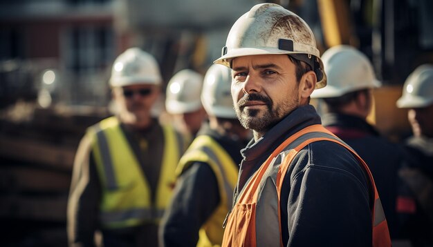 Trabalhadores usando capacetes no canteiro de obras