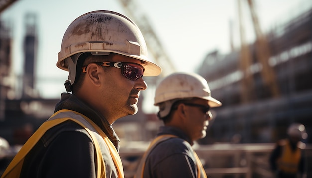 Trabalhadores usando capacetes no canteiro de obras