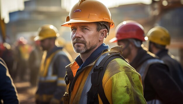 Trabalhadores usando capacetes no canteiro de obras