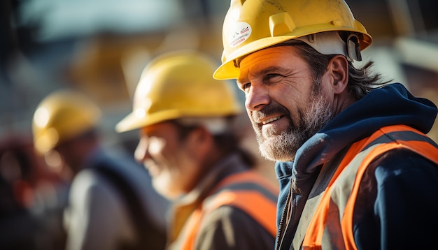 Trabalhadores usando capacetes no canteiro de obras