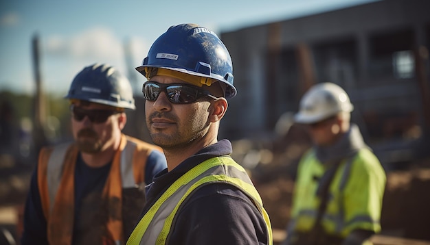 Trabalhadores usando capacetes no canteiro de obras