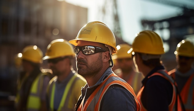 Trabalhadores usando capacetes no canteiro de obras