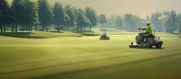 Trabalhadores usando cortadores de grama estão trabalhando em um campo de golfe