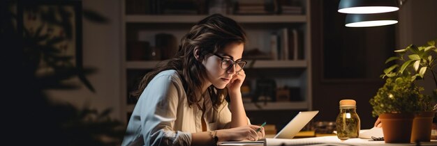 Foto trabalhando até tarde em um escritório doméstico uma jovem empresária planejando um projeto