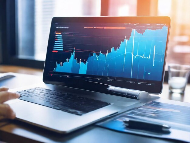 trabalhando em laptop com análise de painel de negócios