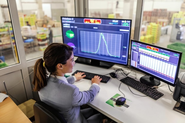 Trabalhando em um computador no back office Mulher de terno elegante sentada em frente a um grande computador