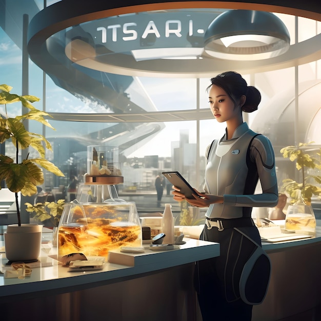 Trabalhar como empregada de mesa num café futurista do mundo futuro da Ásia Oriental.