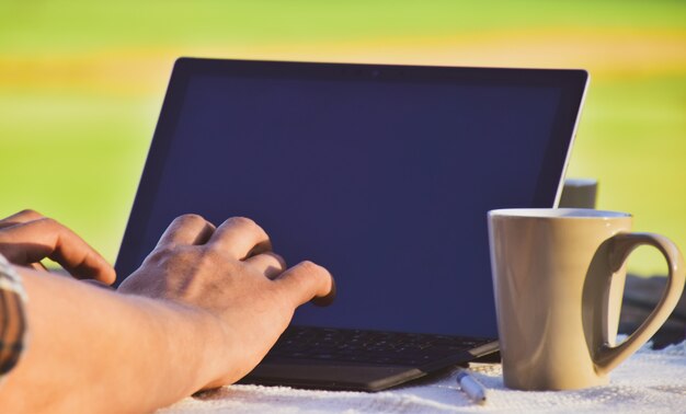 trabalhar em casa, o homem trabalha no laptop no quintal