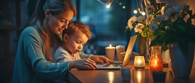 Foto trabalhar em casa ou remotamente em finanças enquanto uma mãe e um bebê estão presentes à noite computador