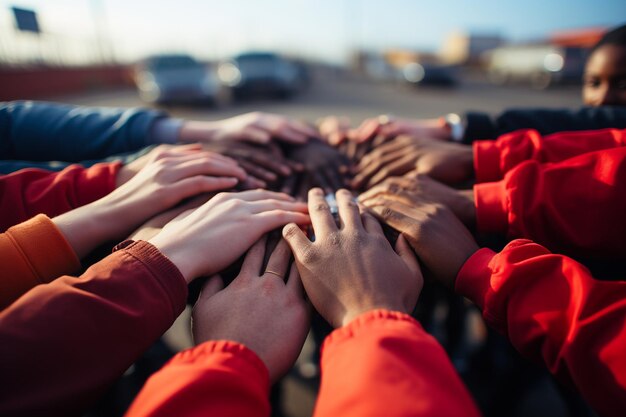 Foto trabalhar juntos conceito de trabalho em equipa com as mãos unidas