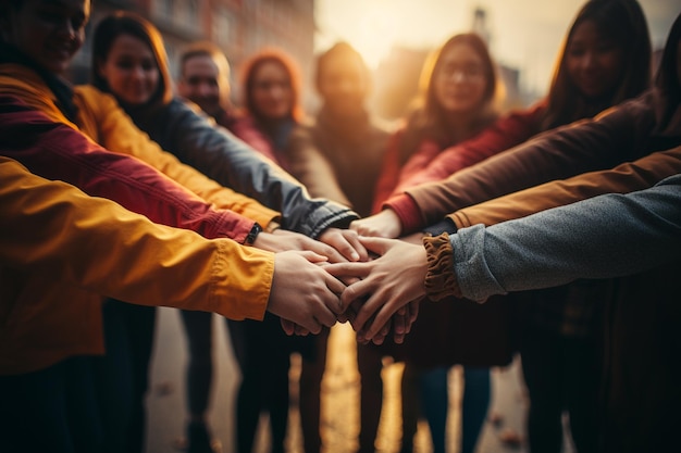 Foto trabalhar juntos conceito de trabalho em equipa com as mãos unidas