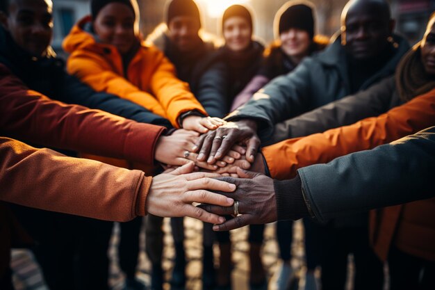 Foto trabalhar juntos conceito de trabalho em equipa com as mãos unidas