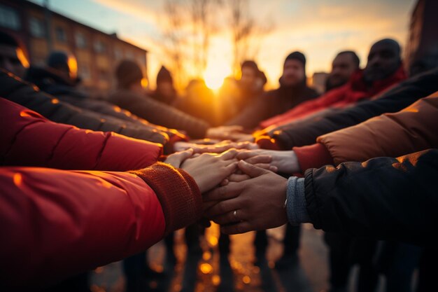 Foto trabalhar juntos conceito de trabalho em equipa com as mãos unidas