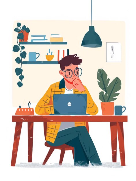 Trabalhar sozinho em um escritório em casa com um computador Pessoas que trabalham em casa Ilustração de arte 2D