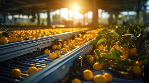 Trabalhe na linha de classificação de laranjas em uma fábrica de processamento agrícola que contém uma pilha de tangerinas maduras