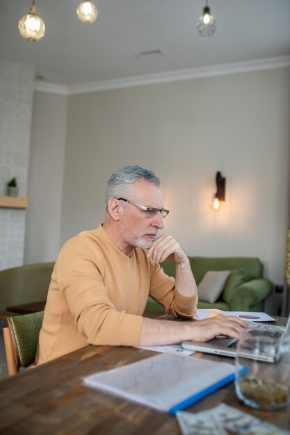 Trabalho a partir de casa. Homem grisalho trabalhando em um laptop e parecendo ocupado