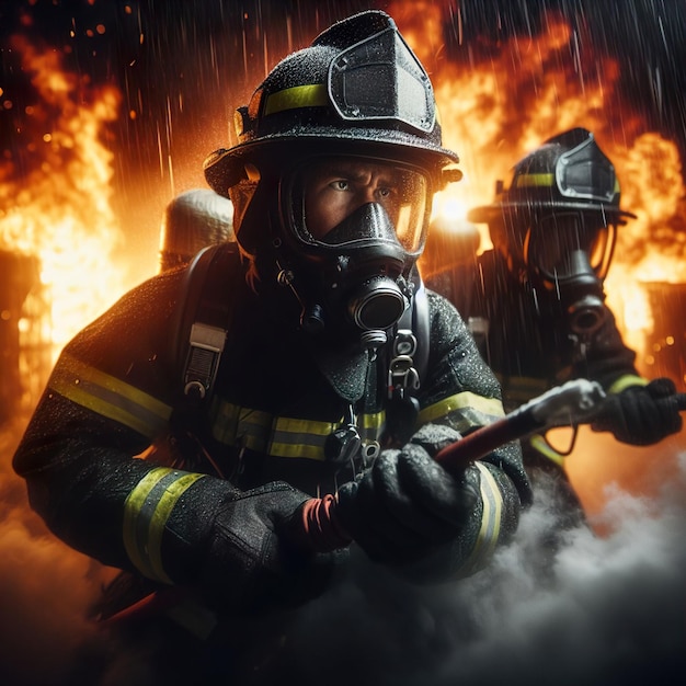 Trabalho de bombeiro no meio de um incêndio