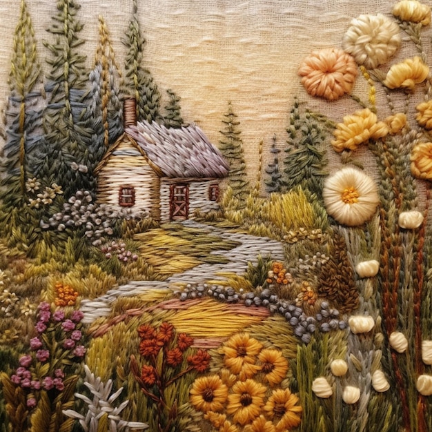 Trabalho de bordado de uma casa em um campo com flores e árvores generativas ai