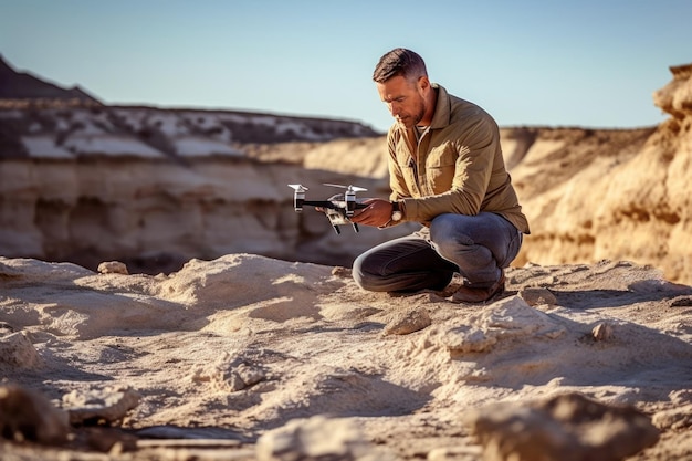 Trabalho de campo de paleontologia preparando um drone para pesquisar uma localização potencial de fósseis