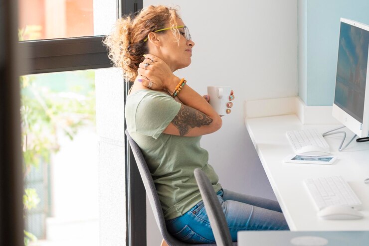 Foto trabalho de conceito de excesso de trabalho com computador desktop no escritório uma mulher adulta termina de trabalhar e toca suas costas no pescoço postura dolorosa local de trabalho insalubre freelance estilo de vida cansado pessoas do sexo feminino negócios internos