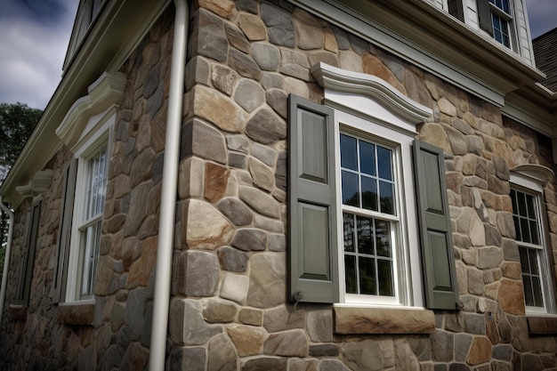 Trabalho de pedra detalhado e detalhes exclusivos da janela no exterior da casa colonial