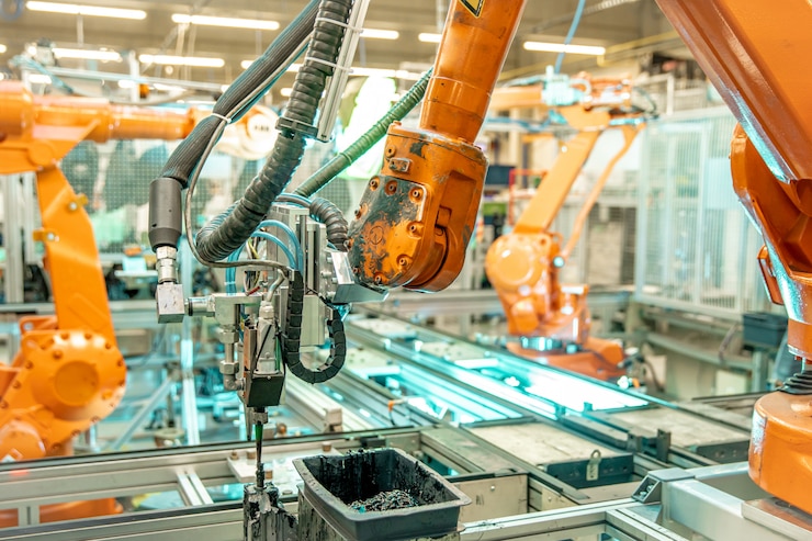 Foto trabalho de robô na fábrica. de acordo com o programa "indústria 4.0". substituição de recursos humanos ausentes na produção. solução da escassez de trabalhadores em crise