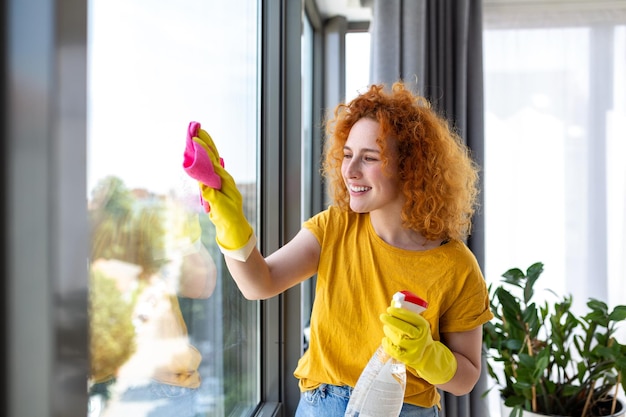 Trabalho doméstico e conceito de limpeza mulher feliz em luvas limpando janela com pano e spray de limpeza em casa