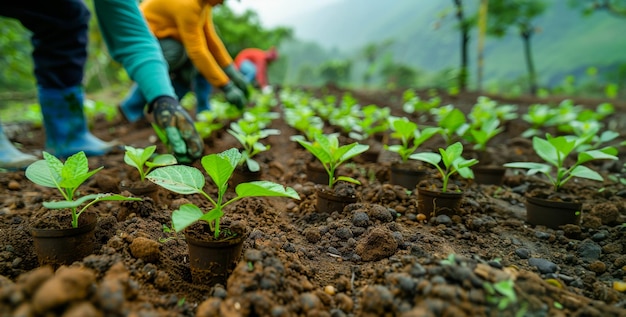 Trabalho em equipa de jardinagem comunitária plantando mudas em solo fértil