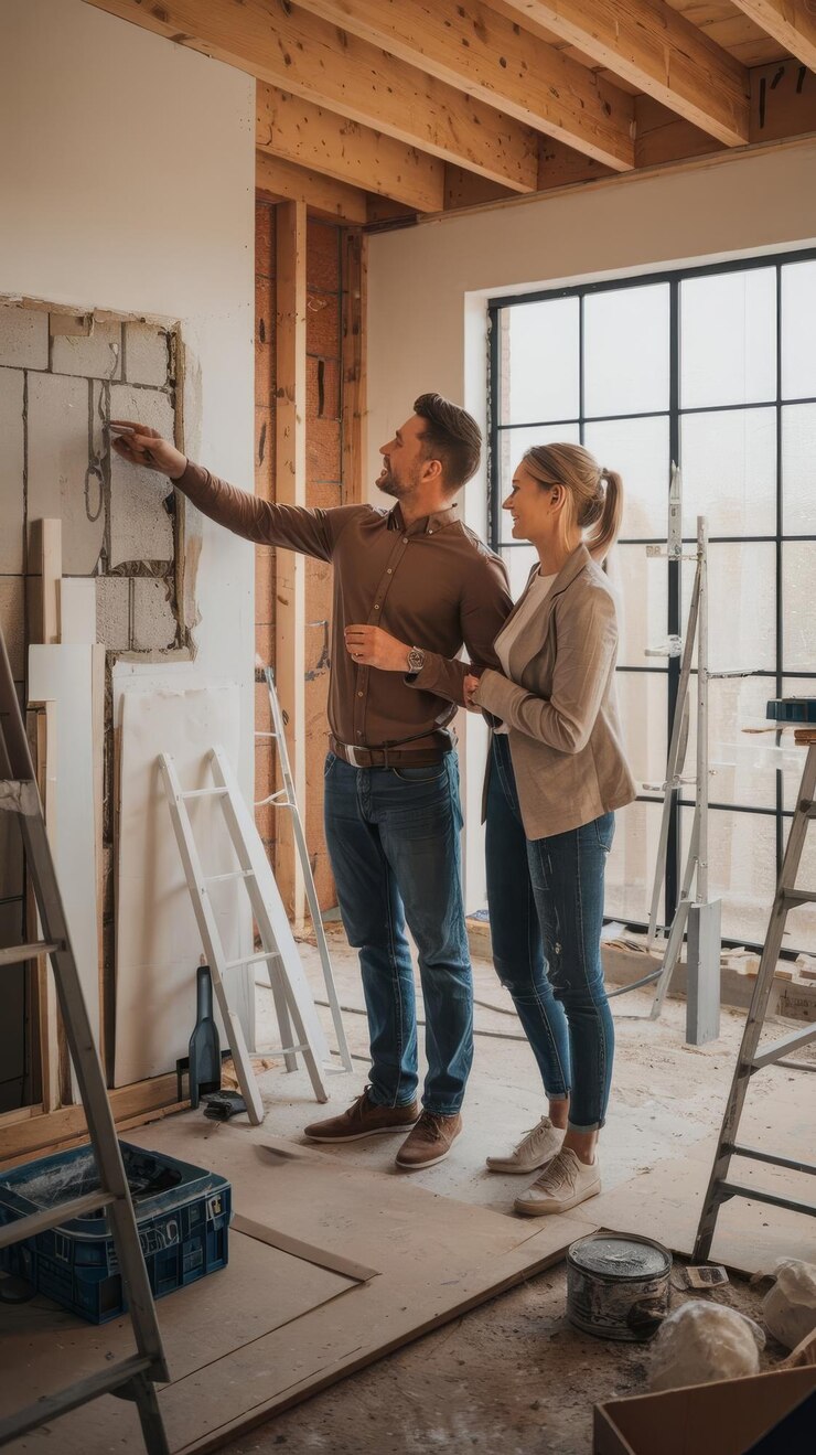Foto trabalho em equipa em design de interiores e casal a trabalhar juntos na construção de imóveis