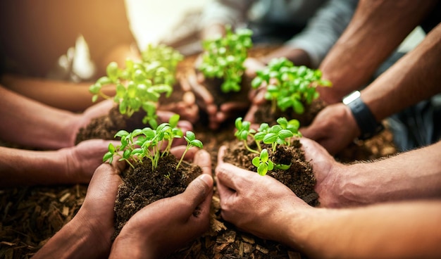 Trabalho em equipe e crescimento com plantas nas mãos de um grupo ou equipe de pessoas ecológicas para agricultura e colaboração em um negócio verde diversas pessoas segurando brotos em crescimento em uma empresa iniciante