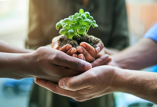 Trabalho em equipe e crescimento com uma planta nas mãos de um grupo ou equipe de pessoas ecológicas para agricultura e colaboração em um negócio verde Diversas pessoas segurando um broto crescente em uma empresa iniciante