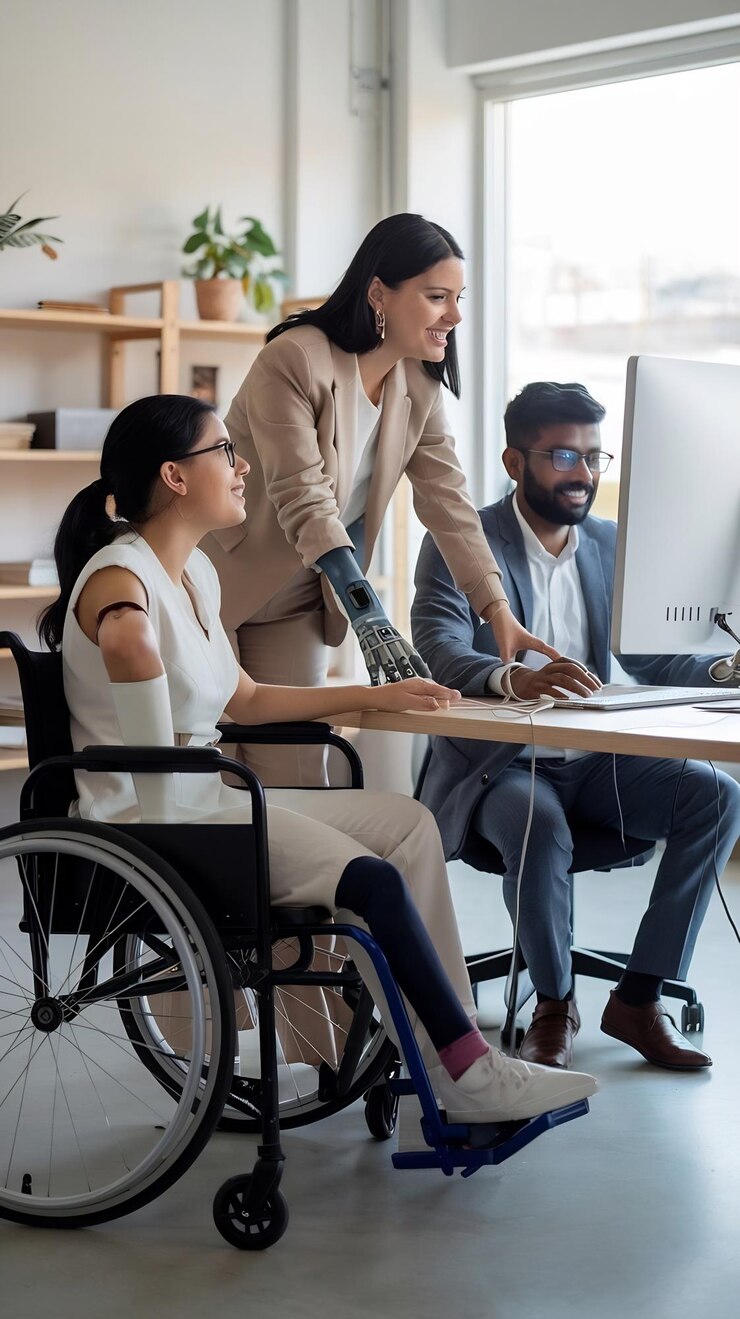 Foto trabalho em equipe em escritórios inclusivos diversos mulher com deficiência gerente de projeto com prótese de braço