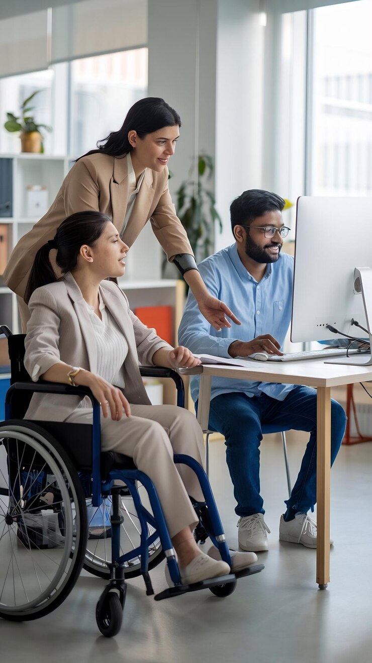 Foto trabalho em equipe em escritórios inclusivos diversos mulher com deficiência gerente de projeto com prótese de braço