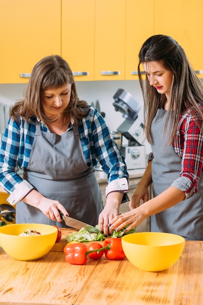 Trabalho em equipe em família, mãe e filha cozinhando juntas