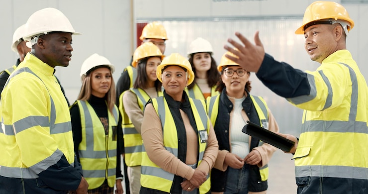 Foto trabalho em equipe no local de construção e pessoas em apresentação para reunião de planejamento e discussão em construção engenharia de arquitetura e homens e mulheres para inspeção desenvolvimento de propriedade e projeto