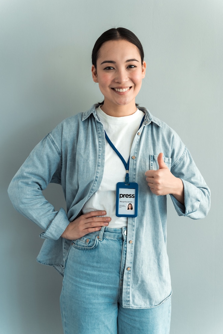 Foto trabalho feito! retrato de jovem com distintivo, vestindo camisa jeans, em pé e mostrando os polegares e olhando para a câmera. plano de fundo cinza, estúdio interno isolado