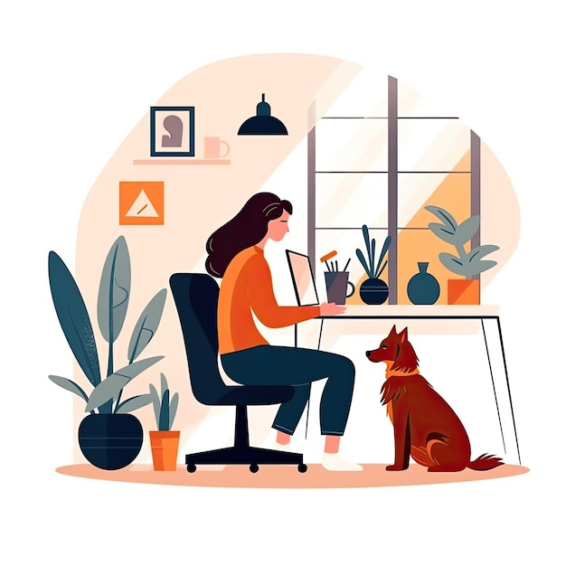 Trabalho home office abstrato com conceito de cachorro Ilustração vetorial plana atividades diárias trabalhando AI Generated