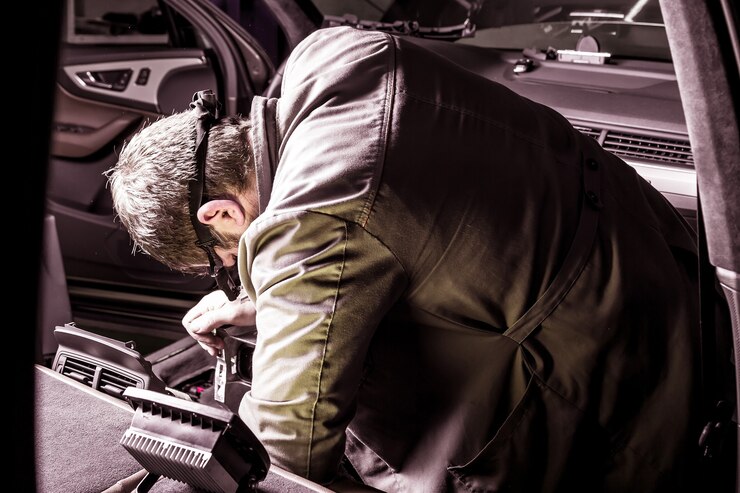 trabalho mecânico conserta um SUV de luxo Reparação de caixas de engrenagens de fiação desmontada interior premium