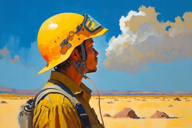 trabalho no deserto, com escavadeira, pintura a óleo