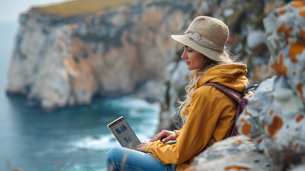 Foto trabalho remoto tranquilo cena ultra realista à beira do lago com integração de laptop