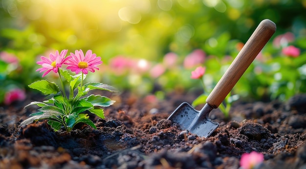 Foto trabalhos de jardim de primavera ferramentas de jardim e flores no solo