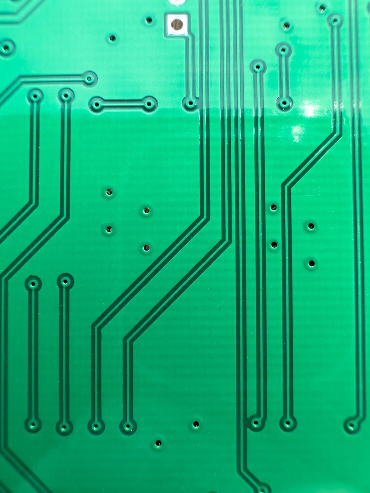 Foto traços em textolita de pcb verde