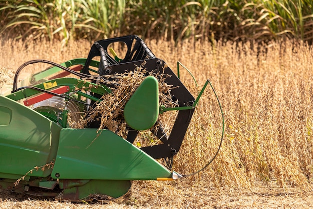 Foto tractor agrícola cosechando soja en el campo - pederneiras-sao paulo-brasil - 20/03/2021.