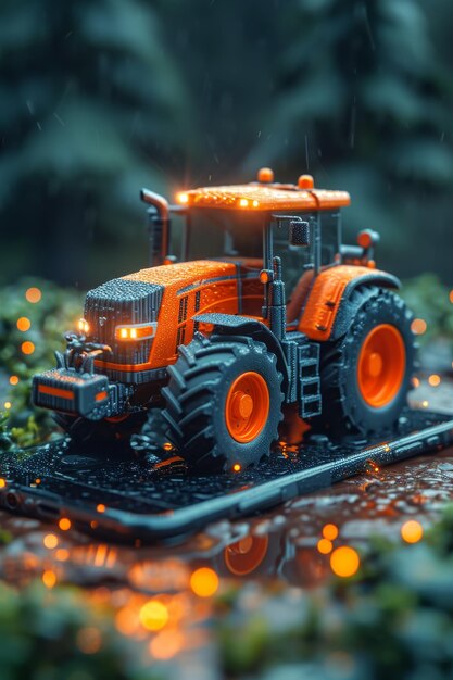 Un tractor agrícola se encuentra en un teléfono inteligente alrededor de una planta El concepto de gestión agrícola Ilustración 3D
