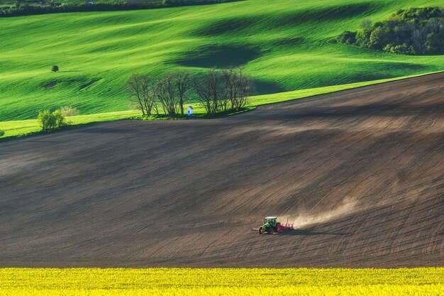 El tractor agrícola maneja la tierra en el campo