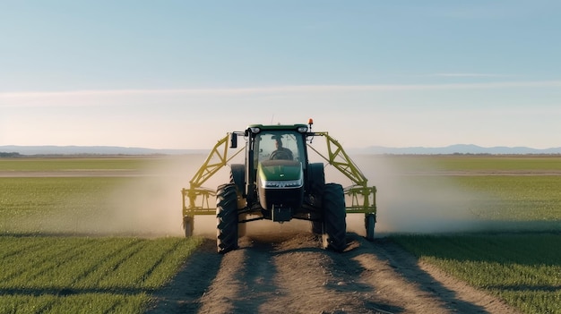 Tractor agrícola rociando pesticidas en el campo verde