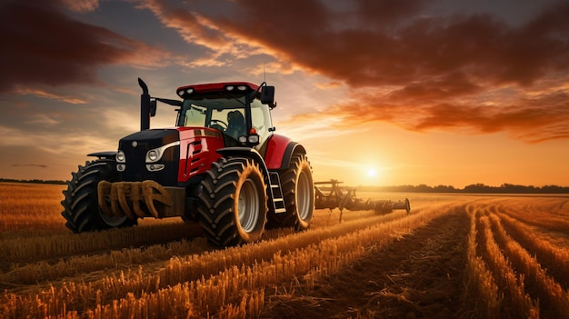 Foto tractor agrícola trabalhando no campo ao pôr-do-sol