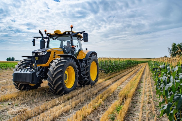 Tractor amarillo en un campo cosechado con cielo azul