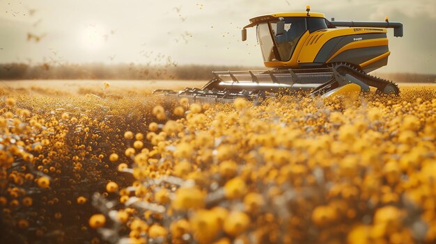 Foto tractor amarillo y negro en medio de un campo de canola