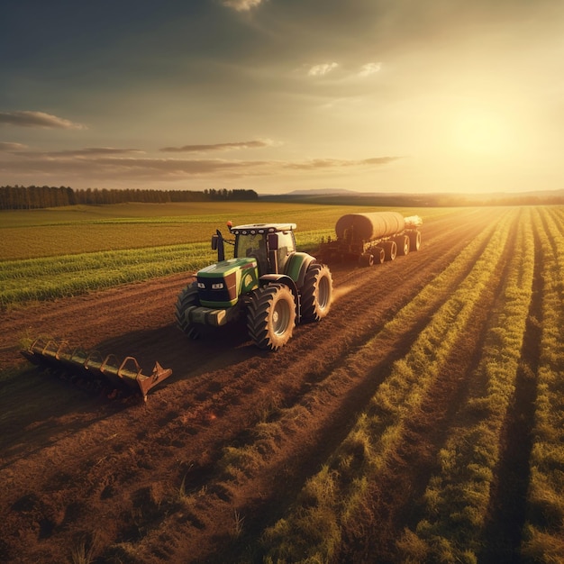 tractor arafed tirando de un remolque con un arado en un campo ai generativo